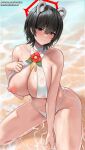  1girl :o absurdres animal_ears areola_slip bare_shoulders bikini bikini_pull black_eyes black_hair blue_archive blush breasts choker clothes_pull flower halo highres large_breasts looking_at_viewer nipples one_breast_out onedoo parted_lips pulled_by_self raised_eyebrows red_flower short_hair sitting solo swimsuit thighs tsubaki_(blue_archive) water wet white_bikini white_choker 