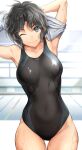  1girl amagami ass_visible_through_thighs black_eyes black_hair black_swimsuit breasts competition_swimsuit cowboy_shot looking_at_viewer medium_breasts messy_hair one-piece_swimsuit serizawa_(serizawaroom) short_hair solo swimsuit tanamachi_kaoru thigh_gap undressing wet 