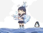  1girl adapted_turret ahoge bird black_hair blue_sailor_collar blue_skirt cannon commentary_request failure_penguin ice ice_sculpture kantai_collection long_hair machinery penguin pleated_skirt saiguchi_otoufu sailor_collar school_uniform serafuku skirt standing standing_on_liquid turret ushio_(kancolle) 