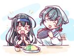  2girls apron bandana black_hair black_jacket blazer blue_headband closed_eyes commentary_request food hair_flaps hair_ornament hairclip hatsushimo_(kancolle) hatsushimo_kai_ni_(kancolle) headband jacket jingei_(kancolle) kantai_collection kappougi kutone_shirika long_hair low_ponytail multiple_girls red_eyes school_uniform smile upper_body 