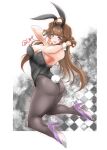  1girl absurdres ahoge alternate_costume animal_ears artist_name ass black_leotard black_pantyhose breasts brown_hair bunny_day cleavage commentary_request double_bun from_behind hair_bun highres kantai_collection kongou_(kancolle) large_breasts leotard long_hair looking_at_viewer pantyhose playboy_bunny purple_eyes rabbit_ears rabbit_tail shamo_(ptwmjgda) solo tail wrist_cuffs 