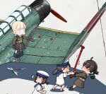  4girls aircraft aircraft_request airplane bangs bar black_hair blonde_hair blue_eyes blue_ribbon blue_sailor_collar blunt_bangs bob_cut bug closed_eyes commentary_request daitou_(kancolle) dragonfly dress fairy_(kancolle) folded_ponytail grey_dress hair_ribbon harness hat hiburi_(kancolle) high_ponytail highres kantai_collection kasuga_maru_(kancolle) long_hair low_ponytail multiple_girls porusasu ribbon sailor_collar sailor_dress sailor_hat shin&#039;you_(kancolle) short_hair short_sleeves sidelocks swept_bangs taiyou_(kancolle) white_dress white_headwear wings 