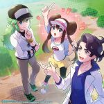  1girl 2boys augustine_sycamore black_hair blush brown_hair collarbone collared_jacket commentary_request double_bun grass green_footwear green_hair hair_bun hand_on_own_chin hand_up highres labcoat multiple_boys n_(pokemon) notice_lines official_art open_mouth peron_(niki2ki884) pokemon pokemon_(game) pokemon_bw pokemon_bw2 pokemon_masters_ex pokemon_xy rosa_(pokemon) smile standing teeth v-shaped_eyebrows visor_cap 