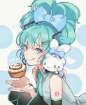  1girl :3 :q aqua_eyes aqua_hair aqua_nails aqua_necktie blue_bow bow cherico cinnamiku cinnamon_roll cinnamoroll closed_mouth commentary cosplay detached_sleeves dotted_background food fork fork_hair_ornament hair_bow hatsune_miku hatsune_miku_(cosplay) highres holding holding_fork knife_hair_ornament looking_at_viewer necktie number_tattoo sanrio solo tattoo tied_ears tongue tongue_out updo upper_body vocaloid 