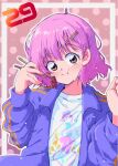  1girl brown_eyes chopsticks closed_mouth commentary eating food furihata_ai hair_ornament hairclip hands_up holding holding_chopsticks jacket looking_at_viewer meat numbered open_clothes open_jacket outline pink_hair polka_dot polka_dot_background purple_jacket real_life red_background shirt short_hair solo tanabe_mupa white_outline white_shirt wide-eyed 