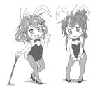  2girls animal_ears bow bowtie bunny_day cane commentary_request detached_collar fang folded_ponytail greyscale ikazuchi_(kancolle) inazuma_(kancolle) kantai_collection leotard long_hair looking_at_viewer monochrome multiple_girls pantyhose playboy_bunny rabbit_ears rabbit_tail short_hair standing strapless strapless_leotard tail white_background wrist_cuffs zatsu_(zasshu_neko) 