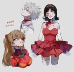  blood blood_on_face blue_eyes bodysuit breasts closed_eyes dango_(uni_520) dress grey_background kirigoe_mima nagisa_kaworu neon_genesis_evangelion perfect_blue pilot_suit plugsuit red_bodysuit red_dress red_eyes school_uniform simple_background souryuu_asuka_langley tokyo-3_middle_school_uniform twitter_username 