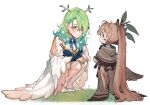  2girls absurdly_long_hair antlers braid brown_cloak brown_eyes brown_hair ceres_fauna cloak dress earrings eus_ing feather_hair_ornament feathers flower french_braid green_hair green_nails hair_flower hair_ornament hair_over_one_eye hairclip hololive hololive_english jewelry leaf long_hair long_sleeves looking_at_another mole mole_under_eye multiple_girls nanashi_mumei ponytail squatting very_long_hair virtual_youtuber white_background white_dress white_flower wings yellow_eyes younger 
