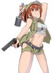  1girl :&lt; absurdres arm_over_head arm_up bare_arms belt breasts brown_hair closed_mouth commentary explosive fio_germi glasses green_shorts grenade gun hair_between_eyes handgun hat highres holding legs_apart medium_breasts metal_slug navel ponytail red_eyes shirt shorts sidelocks simple_background sleeveless sleeveless_shirt solo stielhandgranate sweat thighs user_akxe3354 vest_over_shirt weapon white_background white_shirt 