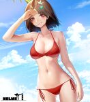  1girl :d absurdres arm_at_side arm_up bangs bare_shoulders bikini blue_sky blush breasts brown_hair cleavage cloud collarbone cowboy_shot crown_hair_ornament day grin hair_ornament hairclip highres jungon_kim large_breasts navel ocean original outdoors parted_bangs parted_lips red_bikini red_eyes red_ribbon ribbon short_hair side-tie_bikini sky smile solo star_(symbol) star_hair_ornament stomach swimsuit water 
