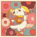  :o animal animal_focus border brown_border brown_eyes dog doughnut fidough food full_body highres no_humans open_mouth pokemon pokemon_(creature) solo wulie_errr 