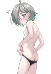  1girl ahoge ass black_panties blush breasts closed_mouth cowboy_shot from_side green_eyes green_hair hair_between_eyes looking_at_viewer looking_to_the_side nipples original panties panty_pull short_hair simple_background small_breasts solo underwear white_background yotubeya 