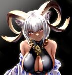  1girl :p absurdres animal_ear_fluff animal_ears arknights bangs bare_shoulders black_background black_swimsuit blush breasts carnelian_(arknights) carnelian_(shining_dew)_(arknights) casual_one-piece_swimsuit cleavage cleavage_cutout clothing_cutout collarbone covered_nipples dark-skinned_female dark_skin eyebrows_hidden_by_hair goat_ears goat_girl goat_horns grey_hair highres horns jewelry large_breasts looking_at_viewer min_(min_wang) navel navel_cutout necklace official_alternate_costume one-piece_swimsuit red_eyes short_hair simple_background smile solo swimsuit tongue tongue_out upper_body 