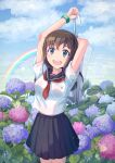  1girl :d arm_behind_head arms_up bangle bangs blue_eyes blush bracelet brown_hair day flower highres holding holding_umbrella hydrangea jewelry long_hair looking_at_viewer midriff_peek neckerchief open_mouth original outdoors pleated_skirt rainbow school_uniform serafuku short_sleeves skirt sky smile solo transparent transparent_umbrella umbrella wristband yusshii 