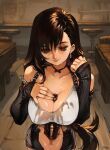  1girl bare_shoulders beer_bottle between_breasts black_hair bottle breasts brown_eyes choker cleavage collarbone crop_top earrings english_commentary final_fantasy final_fantasy_vii hair_between_eyes hair_over_one_eye hand_on_own_chest highres indoors jewelry large_breasts long_hair looking_at_viewer looking_down low-tied_long_hair midriff miniskirt optionaltypo pov pov_hands shirt signature skirt smile solo suspender_skirt suspenders tifa_lockhart white_shirt wooden_floor 