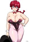  1girl akikusa_peperon animal_ears areola_slip black_leotard bow bowtie braid braided_ponytail breasts cleavage collar detached_collar genderswap genderswap_(mtf) large_breasts leotard nipples oversized_breast_cup pantyhose playboy_bunny ponytail ranma-chan ranma_1/2 red_hair saotome_ranma strapless strapless_leotard white_collar wrist_cuffs 