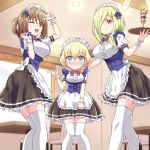  3girls alternate_costume blonde_hair blue_eyes blush breasts brown_eyes brown_hair character_request closed_mouth enmaided food green_hair hair_over_one_eye ice_cream indoors jashin-chan_dropkick large_breasts lierre long_hair looking_at_viewer maid maid_headdress multiple_girls mumyou_ishi one_eye_closed persephone_(jashin-chan_dropkick) ponytail shiny shiny_hair short_hair small_breasts smile standing thighhighs waitress white_thighhighs 