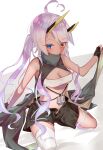  1girl ahoge asymmetrical_legwear azur_lane bangs black_gloves black_shorts blue_eyes blush breasts cleavage commentary_request dark-skinned_female dark_skin eyes_visible_through_hair full_body gloves heart heart_ahoge heterochromia highres horns indianapolis_(azur_lane) long_hair looking_at_viewer mechanical_horns medium_breasts open_fly open_mouth partially_fingerless_gloves pink_hair shorts solo thighhighs turtleneck twintails underboob uneven_legwear very_long_hair white_bandeau white_thighhighs yaminabe_(yam1_nabe) yellow_eyes 