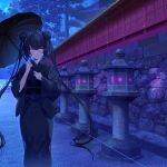  1girl absurdres architecture bangs black_hair black_kimono black_umbrella commentary double_bun east_asian_architecture english_commentary fantasy hair_bun highres holding holding_umbrella japanese_clothes kemme_dreame kimono long_hair night original outdoors pink_eyes scenery solo standing tree twintails umbrella 