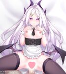  1boy 1girl apron bangs bed_sheet blue_archive blush breasts demon_horns demon_wings forehead gabriel_evangel highres hina_(blue_archive) horns long_hair looking_at_viewer low_wings lying maid missionary multiple_horns necktie nipples on_back parted_bangs purple_horns sex simple_background small_breasts spread_legs teardrop thighhighs thighs white_hair wings 