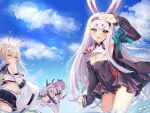  4girls :d ;d absurdres arm_up armpits ayanami_(azur_lane) azur_lane bare_shoulders beach belt beltskirt between_legs bird black_dress black_hairband black_jacket blue_skirt blue_sky blush bra breasts covered_navel covering_eyes cowboy_shot cross_hair_ornament crown_hair_ornament day detached_sleeves dress expressionless from_behind habu_rin hair_between_eyes hair_ornament hairband hand_between_legs hands_up happy headgear highres jacket javelin_(azur_lane) laffey_(azur_lane) leaning_forward long_hair looking_at_another looking_at_viewer looking_back medium_hair messy_hair midriff miniskirt multiple_girls navel neckerchief no_bra off_shoulder one_eye_closed open_clothes open_jacket orange_eyes outdoors panties parted_lips pleated_dress pleated_skirt ponytail purple_hair red_eyes red_panties revealing_clothes ribbon-trimmed_sleeves ribbon_trim sailor_collar salute school_uniform seagull serafuku shimakaze_(azur_lane) shirt skin_tight skindentation skirt sky small_breasts smile staring teeth thighhighs thighs twintails underboob underwear upper_teeth very_long_hair wading white_bra white_dress white_hair white_shirt white_thighhighs wide_sleeves yellow_eyes 