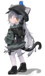  1girl animal_ear_headwear animal_ears animal_on_head animalization arknights backpack bag bird black_footwear boots brown_eyes cat_ears cat_girl cat_tail ceylon_(arknights) child commentary expressionless fake_animal_ears female_child from_behind full_body grey_hair grey_headwear grey_jacket hands_in_pockets hat headset highres jacket long_hair looking_back mikozin on_head pantyhose schwarz_(arknights) simple_background solo symbol-only_commentary tail thigh_strap white_background white_pantyhose younger 