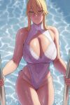  1girl ahoge artoria_pendragon_(fate) artoria_pendragon_(swimsuit_ruler)_(fate) blonde_hair blush breasts cleavage climbing_ladder embroidery fate/grand_order fate_(series) green_eyes highres large_breasts lvl_(sentrythe2310) one-piece_swimsuit pool_ladder poolside solo swimsuit thick_thighs thighs wet 