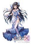  1girl bangs beads black_hair blue_eyes blush brave_sword_x_blaze_soul breasts character_request chyoling cleavage dress frills full_body large_breasts long_hair looking_at_viewer official_art open_mouth smile solo translation_request white_dress 