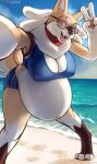  absurd_res anthro artist_name bahnbahn_(artist) beach belly big_belly big_breasts bottomwear bra breasts brown_body brown_fur canid canine canis cleavage clothed clothing collar day doggette_(bahnbahn) domestic_dog eyewear feet female fur gesture glasses hi_res hybrid looking_at_viewer lucario mammal multicolored_body multicolored_fur nintendo nipple_outline open_mouth orange_eyes outside pok&eacute;mon pok&eacute;mon_(species) pregnant seaside selfie shiba_inu shorts solo spitz sports_bra tan_body tan_fur text toes underwear url v_sign video_games white_body white_fur 