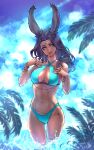  1girl absurdres animal_ears armlet avatar_(ff14) bikini black_hair blue_bikini blue_eyes bracelet breasts criss-cross_halter dark-skinned_female dark_skin final_fantasy final_fantasy_xiv forehead_jewel halterneck highres jewelry large_breasts leki_ixion long_hair multiple_rings nail_polish rabbit_ears ring smile standing swimsuit viera water 