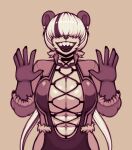  abs anthro big_breasts breasts clothed clothing cosplay digital_media_(artwork) dress female freepancakes fur giant_panda hair hair_over_eyes jacket king_of_fighters mammal monochrome muscular open_mouth sharp_teeth shermie simple_background smile snk solo teeth topwear ursid video_games white_hair 