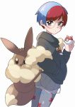 1girl absurdres backpack bag bangs blue_hair blush brown_bag closed_mouth commentary_request eevee glasses grey_eyes hand_in_pocket hand_up highres holding holding_poke_ball hood hood_down hoodie legwear_under_shorts looking_at_viewer miyama-san multicolored_hair pantyhose penny_(pokemon) poke_ball poke_ball_(basic) pokemon pokemon_(game) pokemon_sv red_hair round_eyewear see-through see-through_skirt shorts shorts_under_skirt skirt solo themed_object two-tone_hair 