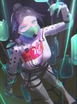  1girl apex_legends bangs black_background black_hair blood blood_bag blue_eyes bodysuit breasts cable floating_hair from_above gloves grey_gloves hair_bun highres looking_at_viewer mask medium_breasts mouth_mask official_alternate_costume parted_bangs peso_(honopesopeso) quarantine_722_wraith solo white_bodysuit wraith_(apex_legends) 