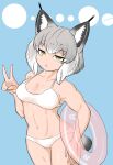  1girl :&lt; bare_shoulders bikini bokoboko_(pandagapanda1) breasts collarbone eurasian_lynx_(kemono_friends) expressionless grey_hair half-closed_eyes highres innertube jitome kemono_friends looking_at_viewer lynx_ears lynx_tail medium_breasts navel peace_symbol short_hair solo swimsuit v white_bikini 