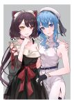  2girls absurdres bare_shoulders belt black_choker blue_eyes bracelet choker dress hat heterochromia highres hololive hoshimachi_suisei inui_toko jewelry long_hair looking_at_viewer multiple_girls nijisanji red_eyes sidelocks smile very_long_hair virtual_youtuber white_dress yellow_eyes yuukauta 