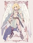  2021 absurd_res angel angel_humanoid blonde_hair clothing enotou_moi feathered_wings feathers footwear hair hi_res holding_object holding_sword holding_weapon humanoid male melee_weapon not_furry sandals solo sword weapon white_body white_feathers winged_humanoid wings 