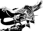  1boy animal armor black_gloves chiki_(botugo) claws dragon fantasy fighting flying from_behind gloves greyscale headband highres holding holding_sword holding_weapon knight legs_apart long_sword monochrome open_mouth original spines standing sword teeth weapon white_background 