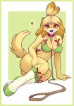  &lt;3 2022 5_fingers absurd_res animal_crossing anthro black_nose blep blonde_hair blush bra breasts butt canid canine canis cleavage clothed clothing collar domestic_dog female fingers footwear fur hair hi_res humanoid_hands isabelle_(animal_crossing) leash leash_between_breasts lingerie looking_at_viewer mammal naaraskettu nintendo nipple_outline shih_tzu smile socks solo tongue tongue_out toy_dog underwear video_games yellow_body yellow_fur 