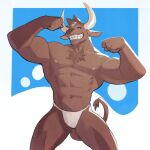  2022 abs anthro bovid bovine brown_body brown_fur cattle clothed clothing flexing fur hi_res horn jockstrap jrjresq male mammal muscular muscular_anthro muscular_male nipples simple_background smile solo teeth topless topless_anthro topless_male underwear 
