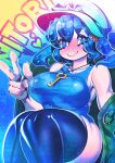  1girl abstract_background armpit_peek bangs bloom blue_eyes blue_hair blue_swimsuit blush breasts cabbie_hat character_name clasp closed_mouth collarbone curvy eyebrows_hidden_by_hair feet_out_of_frame hair_bobbles hair_ornament hakkasame hat heart highres jewelry kawashiro_nitori key large_breasts legs_together looking_at_viewer medium_hair necklace one-piece_swimsuit removing_jacket shiny_swimsuit sitting smile smirk solo swimsuit thick_thighs thighhighs thighs touhou twintails v wide_hips 
