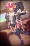  2020 anthro armwear black_sclera cafe clothed clothing detailed_background dragon food hi_res horn kettle legwear maid_uniform male on_one_leg sandwich_(food) solo standing stockings tyranos uniform z00p 