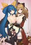  2girls angel_wings armor bangs bare_shoulders bed bed_sheet bedroom black_bow black_panties black_thighhighs blonde_hair blue_hair bow breast_press breasts breasts_out cleavage collarbone commission curtains detached_collar detached_sleeves dizzy_(guilty_gear) granblue_fantasy granblue_fantasy_versus guilty_gear guilty_gear_xrd hair_between_eyes hair_bow hair_ribbon high_heels hug large_breasts long_hair looking_at_viewer multiple_girls nipples panties petals ponytail red_eyes ribbon shoulder_armor sidelocks skeb_commission skindentation smile solo symmetrical_docking tan_(inka) thigh_strap thighhighs thighs twintails underwear vira_(granblue_fantasy) wings yellow_ribbon 