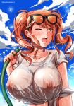  1girl absurdres angel_gabriel. breasts d4dj eyewear_on_head highres hose huge_breasts large_breasts nail_polish nipples one_eye_closed orange_hair seto_rika shirt sky solo sunglasses twintails upper_body wet wet_clothes wet_shirt yellow_eyes 