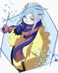  1boy blue_eyes blue_hair blue_mittens border coat commentary eyelashes grusha_(pokemon) hand_up haruto_irasuto highres long_sleeves male_focus multicolored_clothes multicolored_scarf poke_ball_print pokemon pokemon_(game) pokemon_sv scarf scarf_over_mouth solo upper_body white_border yellow_coat 