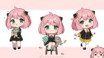  1girl ahoge anya&#039;s_heh_face_(meme) anya_(spy_x_family) artist_name black_footwear chibi child closed_mouth commentary director_chimera_(spy_x_family) eden_academy_uniform full_body green_eyes hairpods hemmmlock holding looking_at_viewer meme multiple_views open_mouth peanut pink_hair sitting socks solo spy_x_family stool teeth thighhighs upper_teeth white_socks white_thighhighs 