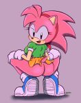  2022 amy_rose anthro arched_back bare_butt black_eyes black_nose blue_clothing blue_footwear blue_shoes blush blush_lines bottomwear breasts butt classic_amy_rose classic_sonic_(universe) clothed clothing crouching eulipotyphlan eyelashes female footwear fur gloves green_clothing green_shirt green_topwear hands_on_knees handwear head_tuft hedgehog hi_res looking_at_viewer looking_back mammal mostly_clothed no_underwear open_mouth open_smile orange_bottomwear orange_clothing orange_skirt pepamintop pink_body pink_fur rear_view sega shirt shoes short_sleeved_shirt side_boob skirt smile smiling_at_viewer solo sonic_the_hedgehog_(series) spread_legs spreading topwear tuft white_clothing white_gloves white_handwear 