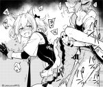  1boy 1girl against_wall animal_ears arknights bar_censor bison_(arknights) blush bow censored clenched_teeth cow_boy cow_ears erection greyscale hair_bow half-closed_eyes hetero highres hood hood_down hooded_jacket jacket leg_lift monochrome open_clothes open_jacket open_mouth penis pussy sex shirt sora_(arknights) speech_bubble standing standing_sex teeth testicles twintails wolf_ears wolf_girl yom_(ymayma00ss) 