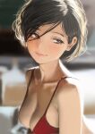  1girl bangs black_hair blurry blurry_background blush bra breasts cleavage collarbone highres hwoi_(hw_123) looking_afar medium_breasts original parted_lips photo-referenced red_bra short_hair smile solo swept_bangs underwear underwear_only upper_body 