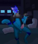  anthro bed bedroom_eyes blue_body blue_fur bodily_fluids bottomless canid canine canis clothed clothing clothing_lift computer cum fur furniture genital_fluids hi_res lamp lewd_latte light male mammal masturbation narrowed_eyes open_clothing open_shirt open_topwear pantsless phone raised_clothing raised_shirt raised_topwear seductive shirt shirt_lift shirt_only solo squint topwear topwear_only wolf 