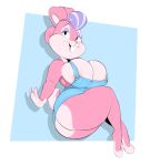  2022 4_fingers anthro areola areola_slip big_breasts big_butt breasts buckteeth butt female fingers fur hair hi_res huge_breasts lagomorph leporid mammal multicolored_body multicolored_fur multicolored_hair open_mouth open_smile overalls_only pink_body pink_fur purple_hair rabbit simple_background smile solo teeth thick_thighs two_tone_body two_tone_fur two_tone_hair usnarbit 